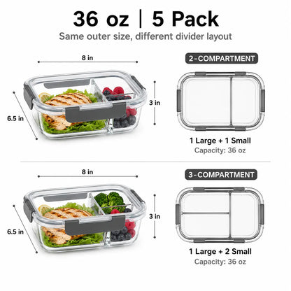 5-Pack (36oz) Borosilicate Glass Meal Prep