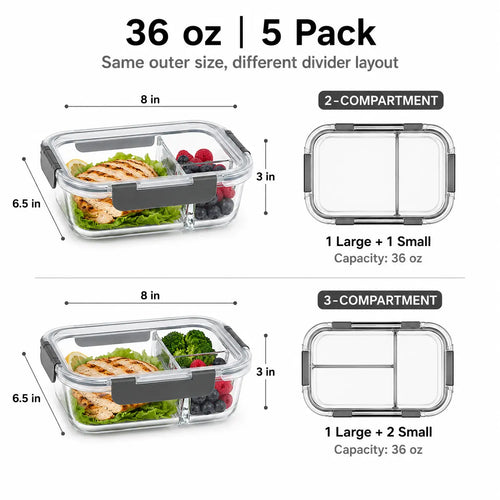5-Pack (36oz) Borosilicate Glass Meal Prep