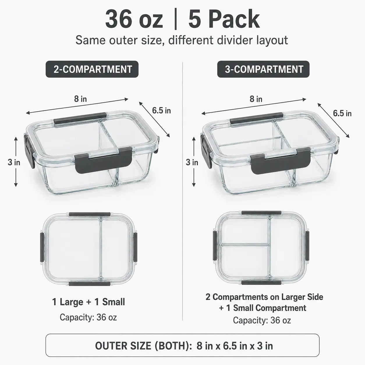 5-Pack (36oz) Borosilicate Glass Meal Prep